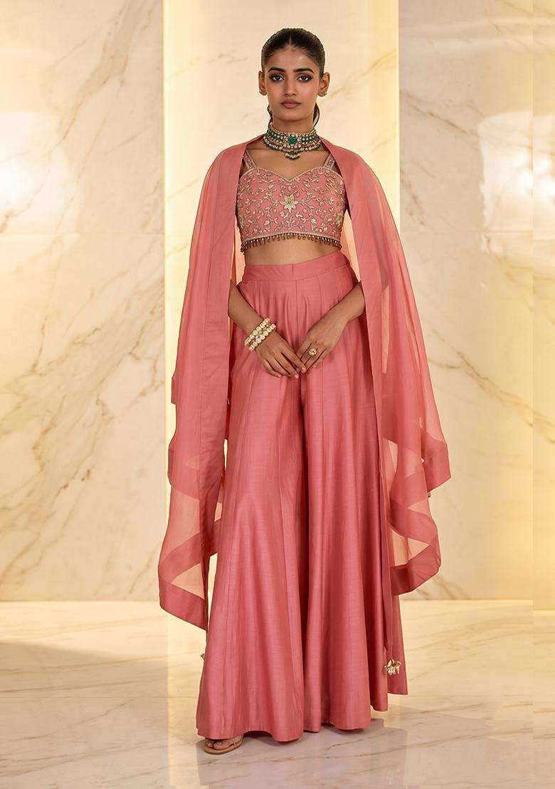 Pink Embroidered Handwork Sharara Set - Indya