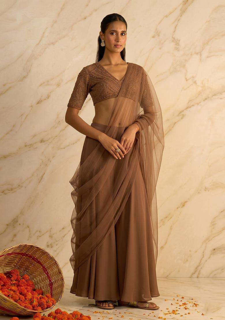 Mocha Brown Embroidered Handwork Fusion Set - Indya