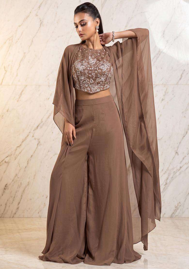 Mocha Brown Embroidered Handwork Fusion Set - Indya