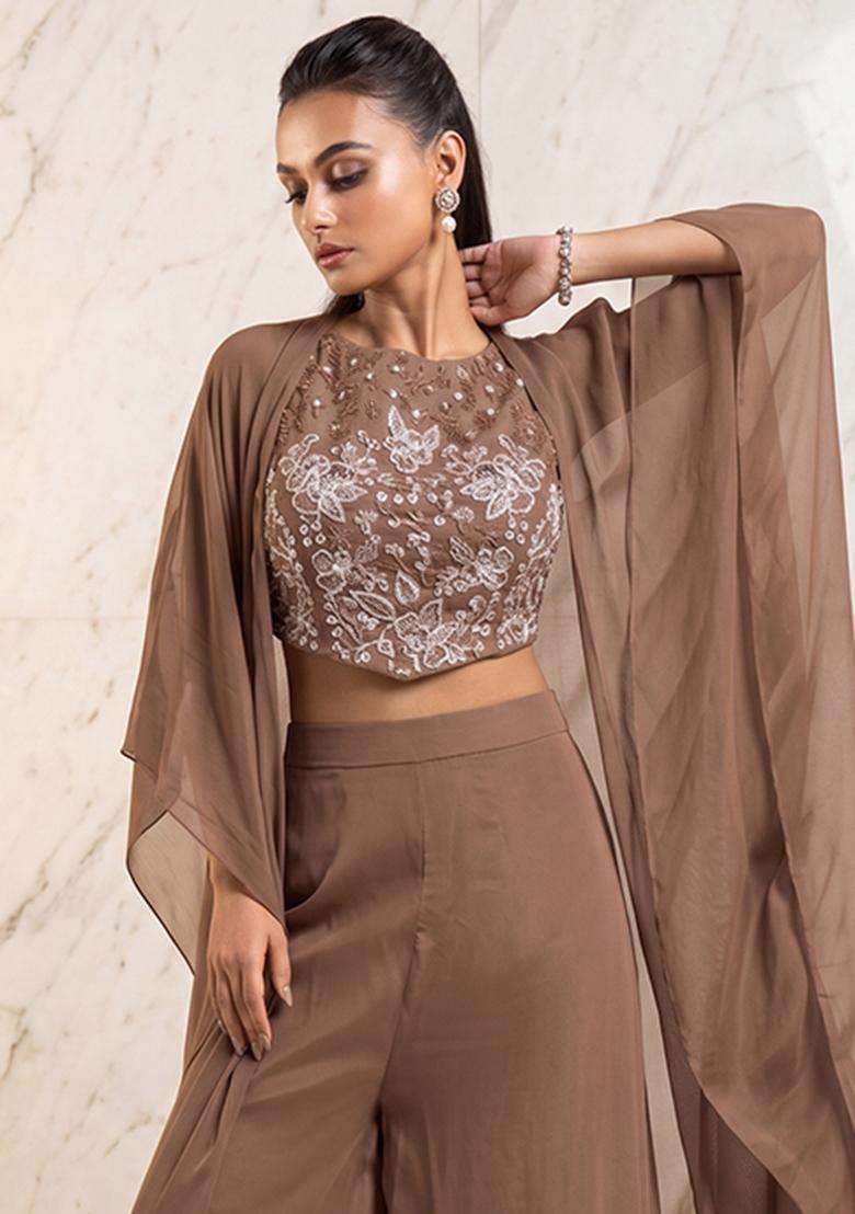 Mocha Brown Embroidered Handwork Fusion Set - Indya