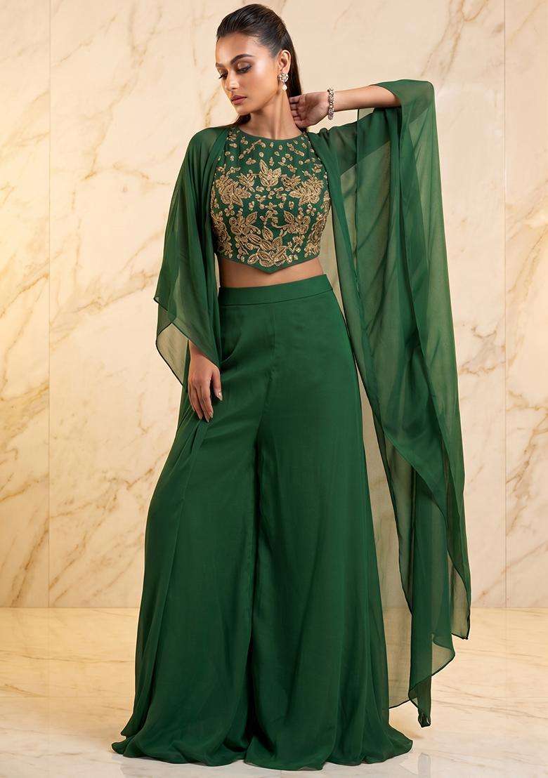 Green Embroidered Handwork Fusion Set - Indya