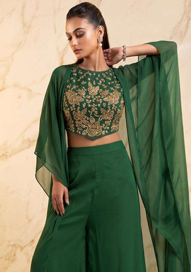 Green Embroidered Handwork Fusion Set - Indya