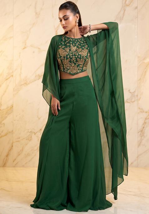 Green Embroidered Handwork Fusion Set