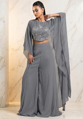 Grey Embroidered Handwork Fusion Set