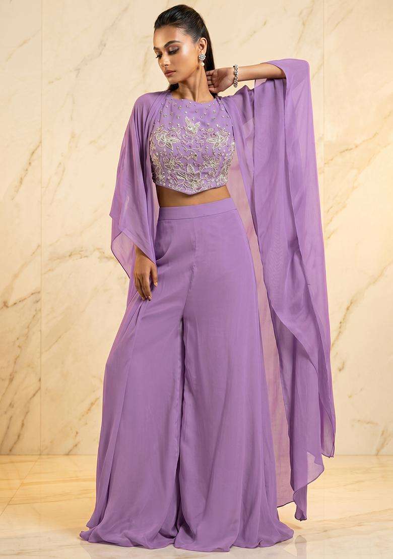 Lavender Embroidered Handwork Fusion Set - Indya