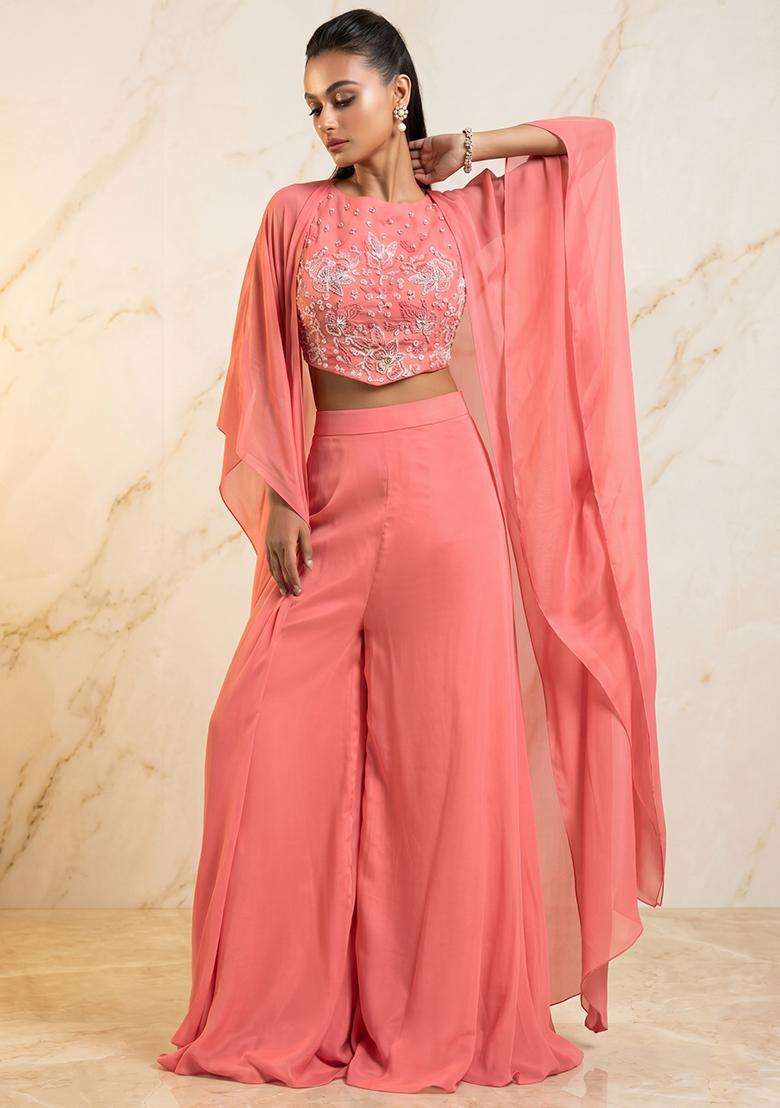 Pink Embroidered Handwork Fusion Set - Indya