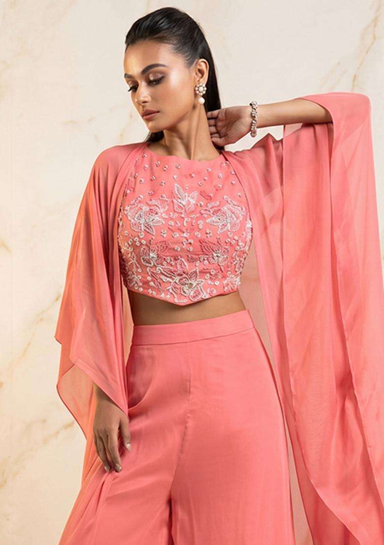 Pink Embroidered Handwork Fusion Set - Indya