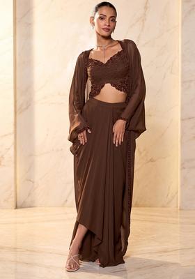 Chocolate Brown Embroidered Handwork Fusion Set