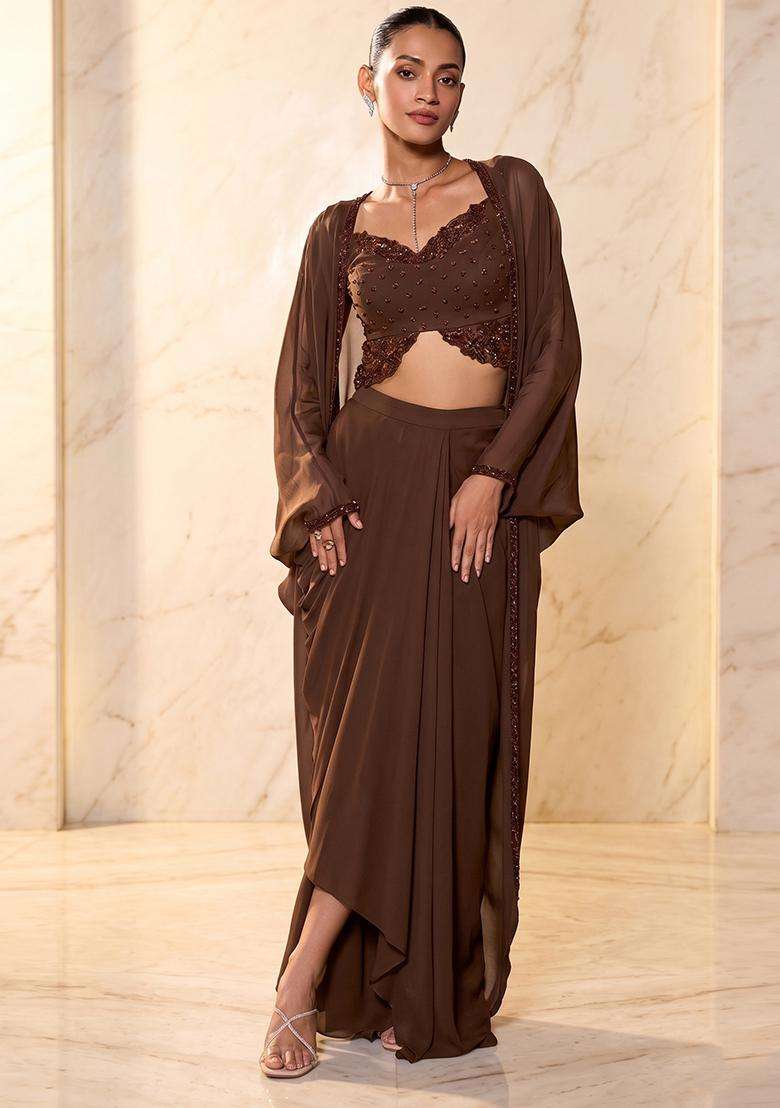 Chocolate Brown Embroidered Handwork Fusion Set - Indya