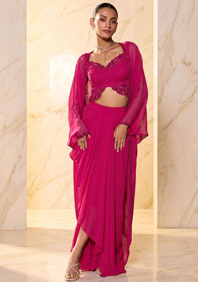 Pink Embroidered Handwork Fusion Set - Indya