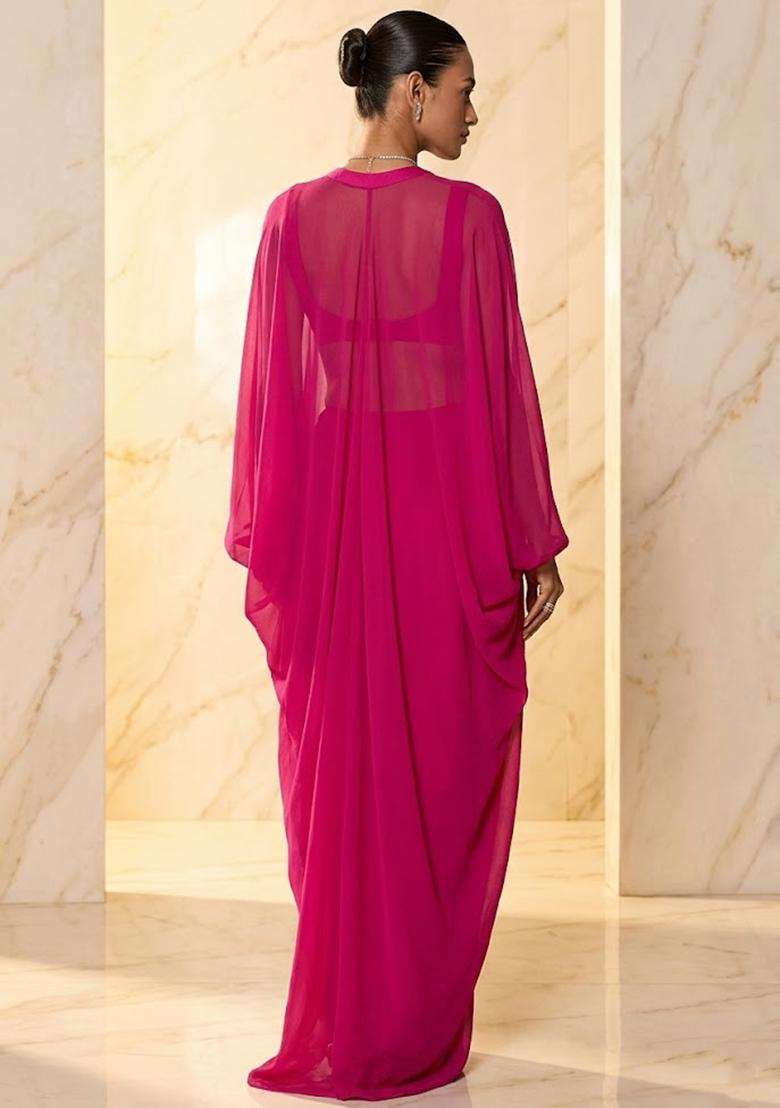 Pink Embroidered Handwork Fusion Set - Indya