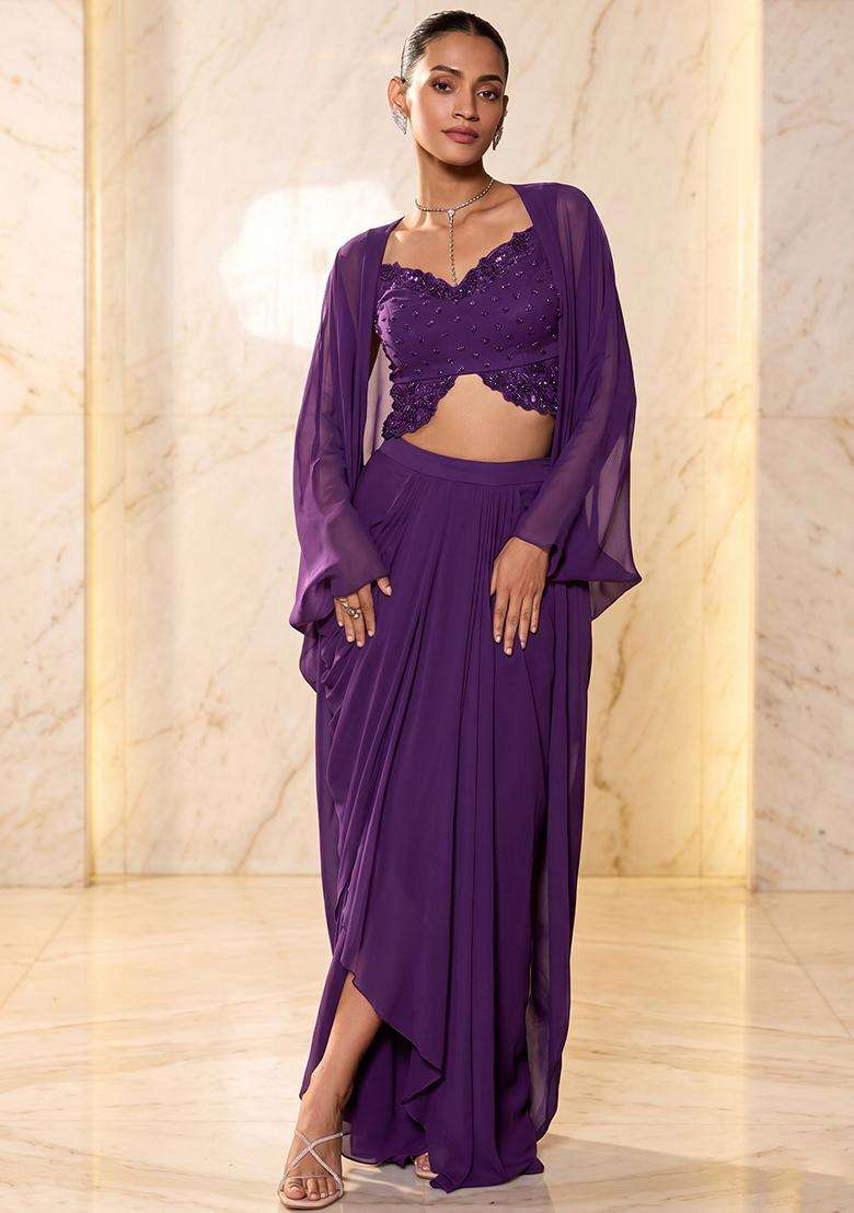 Purple Embroidered Handwork Fusion Set - Indya