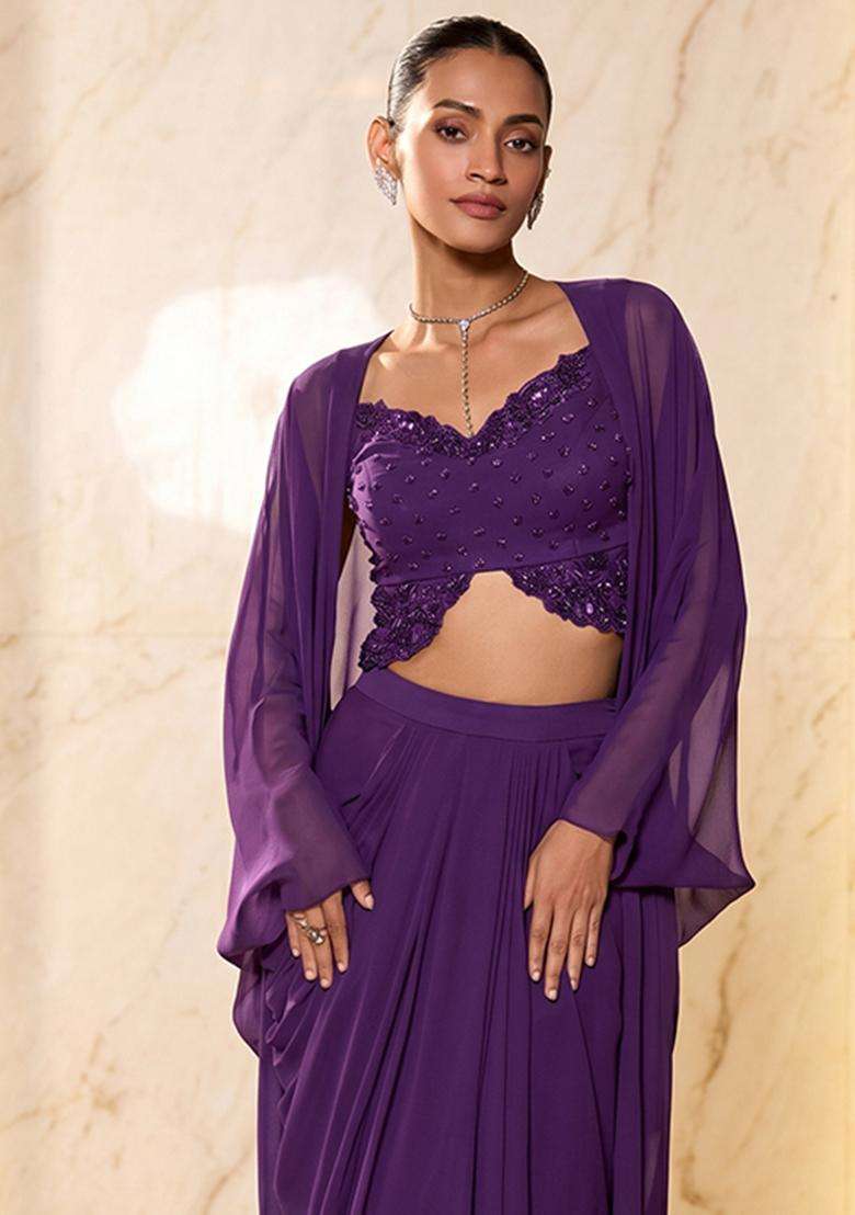 Purple Embroidered Handwork Fusion Set - Indya