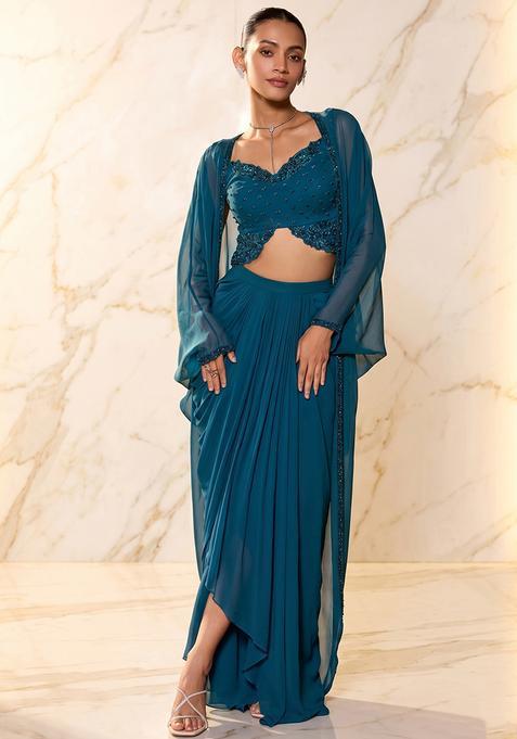 Teal Embroidered Handwork Fusion Set