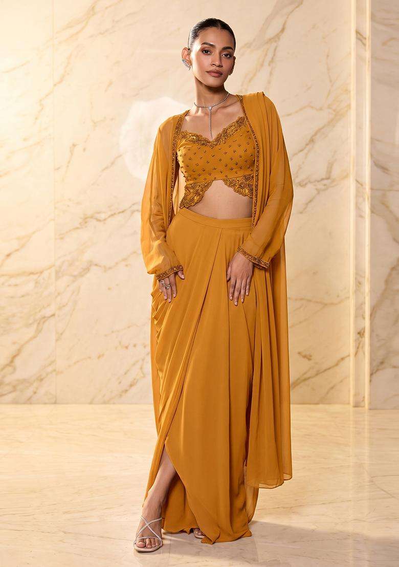 Yellow Embroidered Handwork Fusion Set - Indya