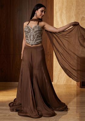 Chocolate Brown Embroidered Handwork Lehenga Set