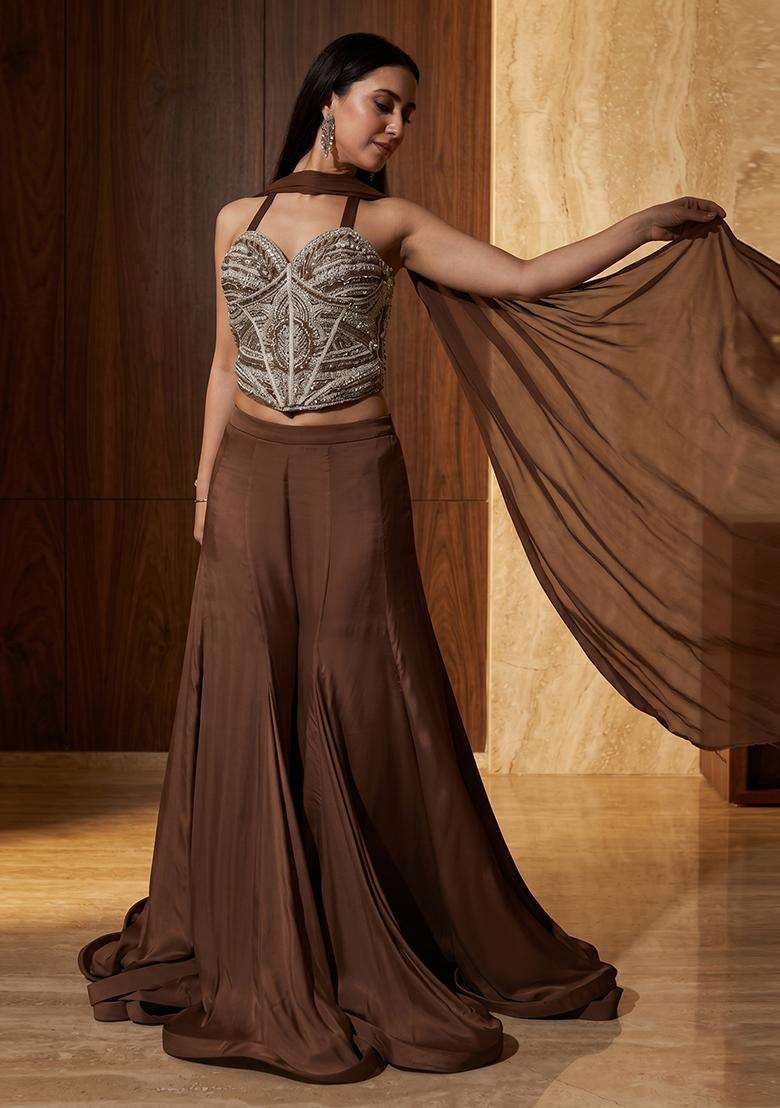 Chocolate Brown Embroidered Handwork Lehenga Set - Indya