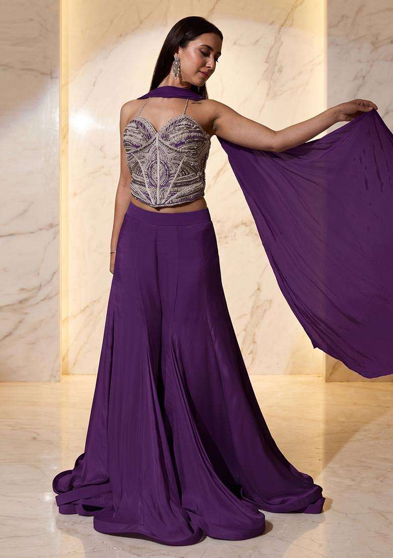 Purple Embroidered Handwork Lehenga Set - Indya