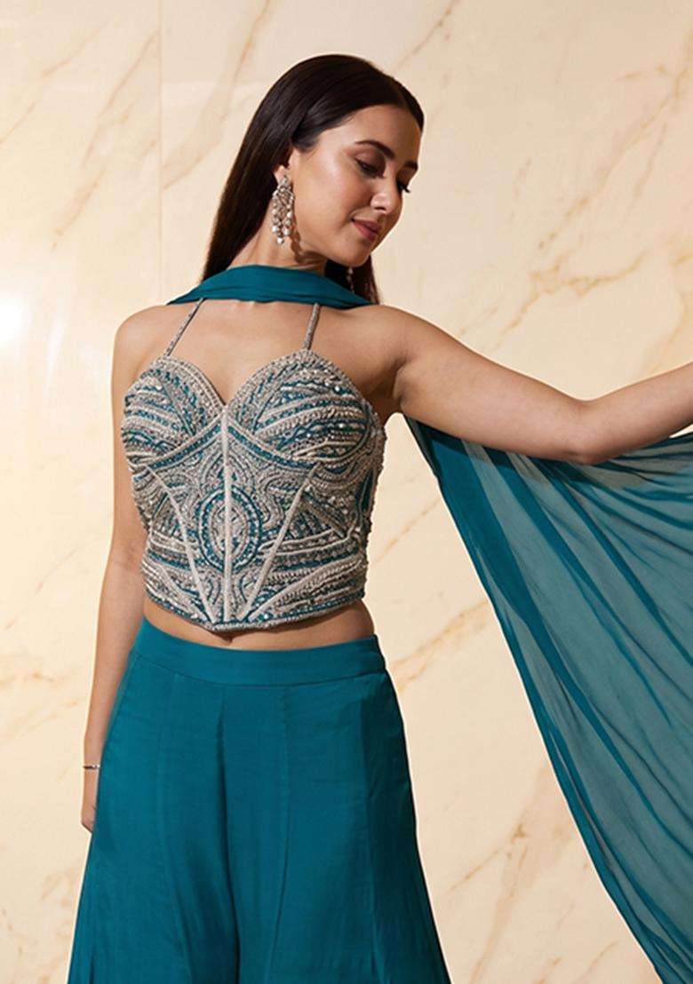Teal Embroidered Handwork Lehenga Set - Indya