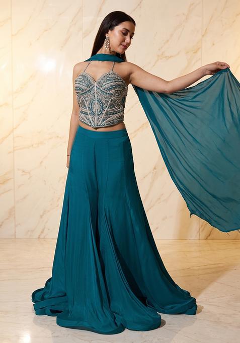 Teal Embroidered Handwork Lehenga Set