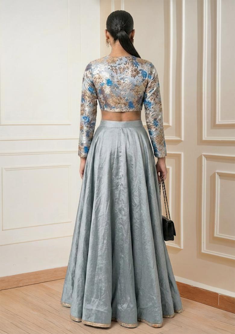 Steel Grey Embroidered Prom Dress - Indya