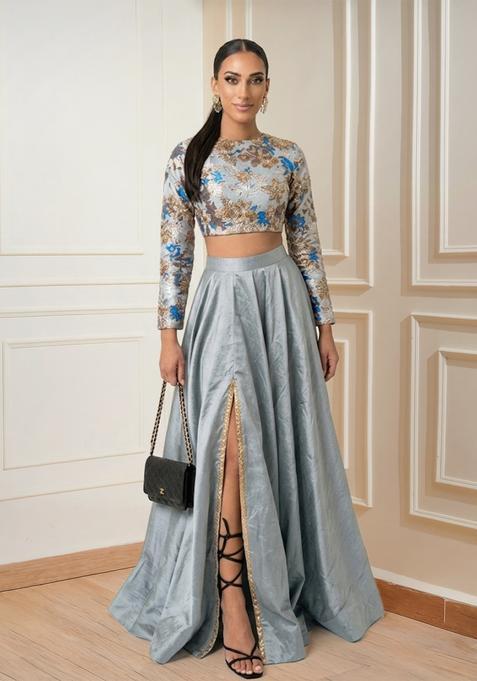 Steel Grey Embroidered Prom Dress