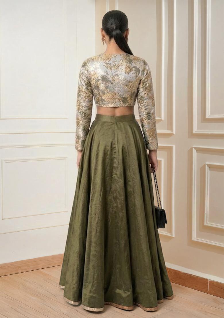 Olive Green Embroidered Prom Dress - Indya