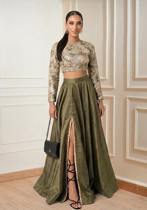 Olive Green Embroidered Prom Dress
