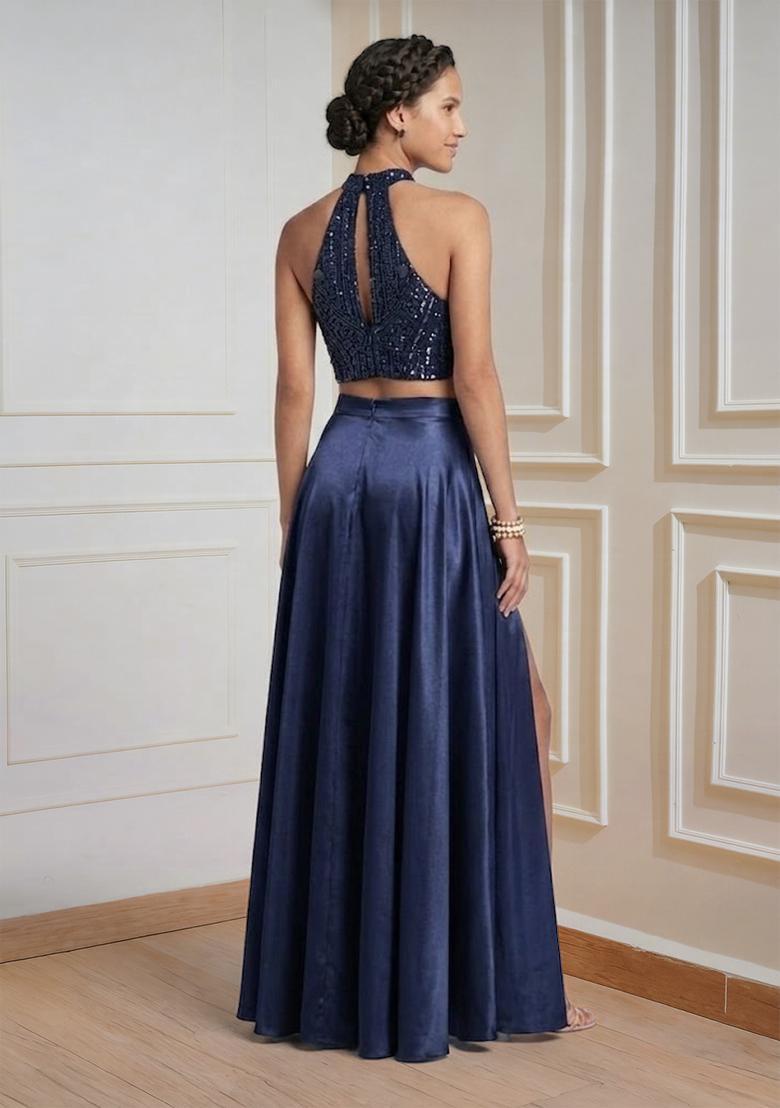 Navy Blue Sequin Net Prom Dress - Indya