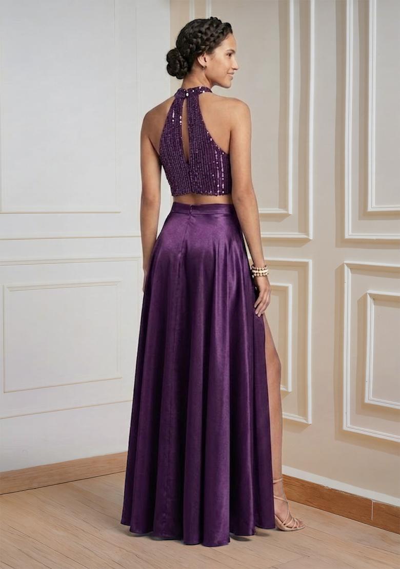 Purple Sequin Net Prom Dress - Indya