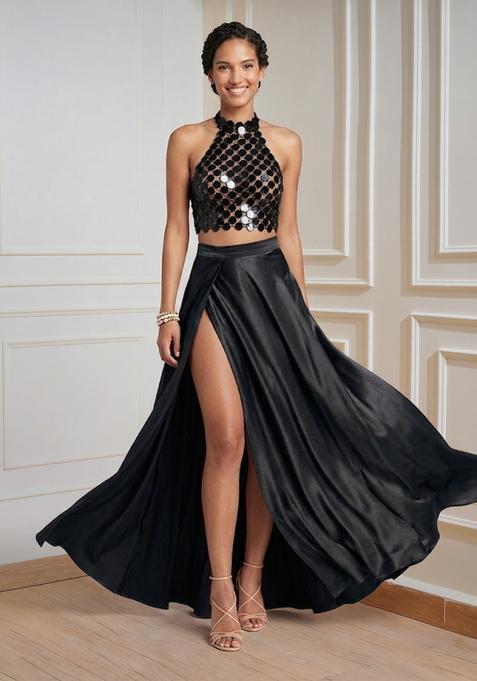 Black Embroidered Prom Dress