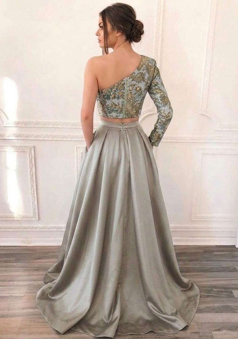 Grey Embroidered Prom Dress - Indya
