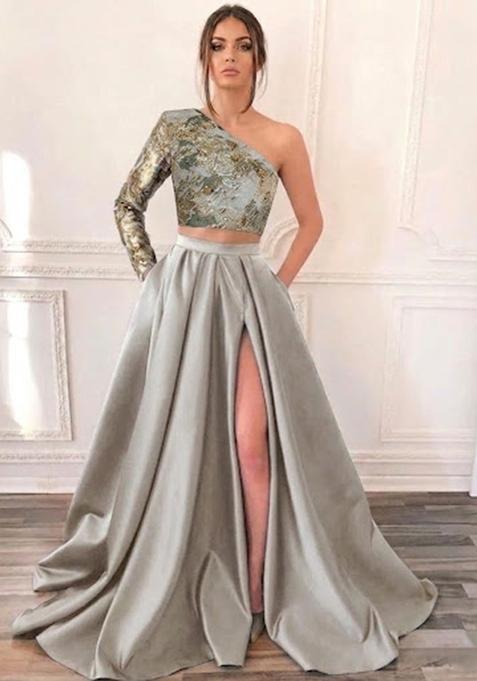 Grey Embroidered Prom Dress