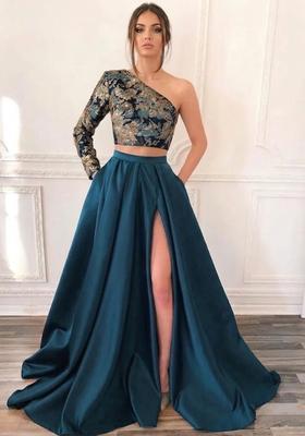Teal Green Embroidered Prom Dress