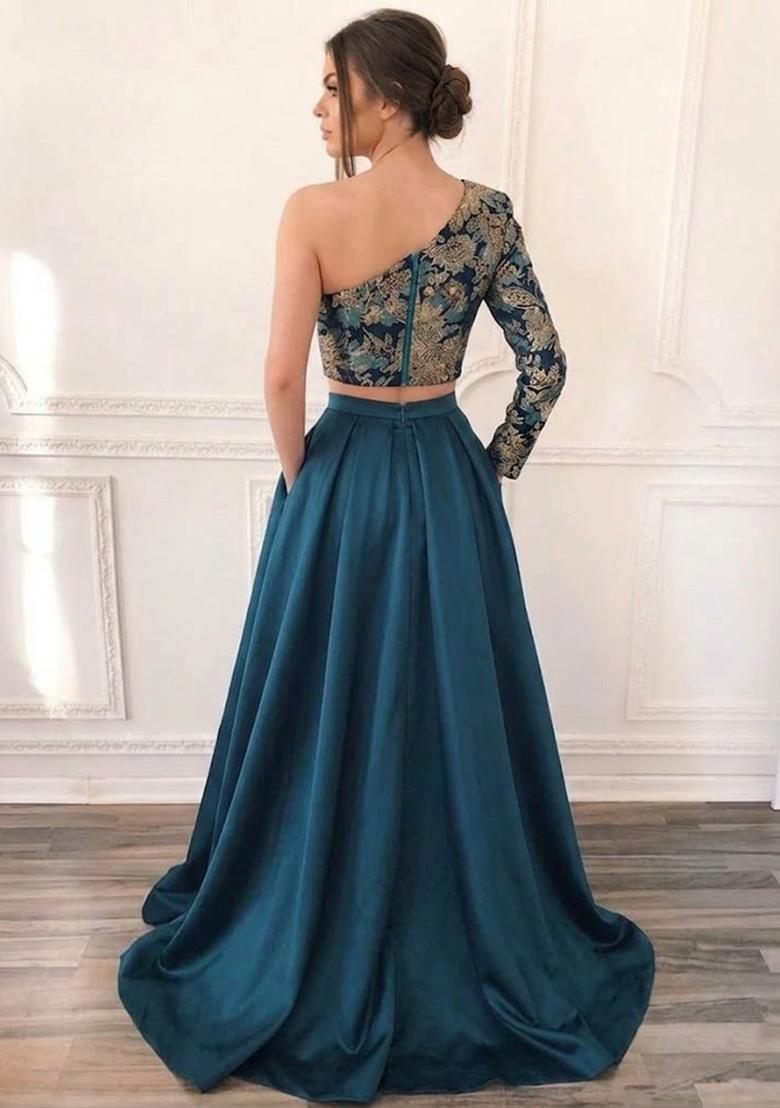 Teal Green Embroidered Prom Dress - Indya