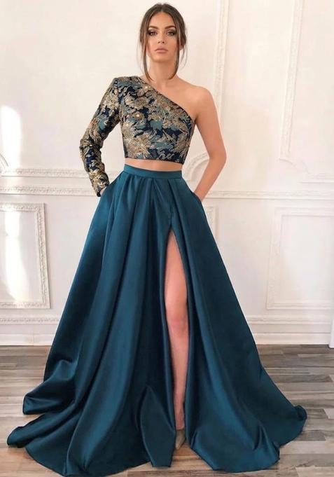 Teal Green Embroidered Prom Dress