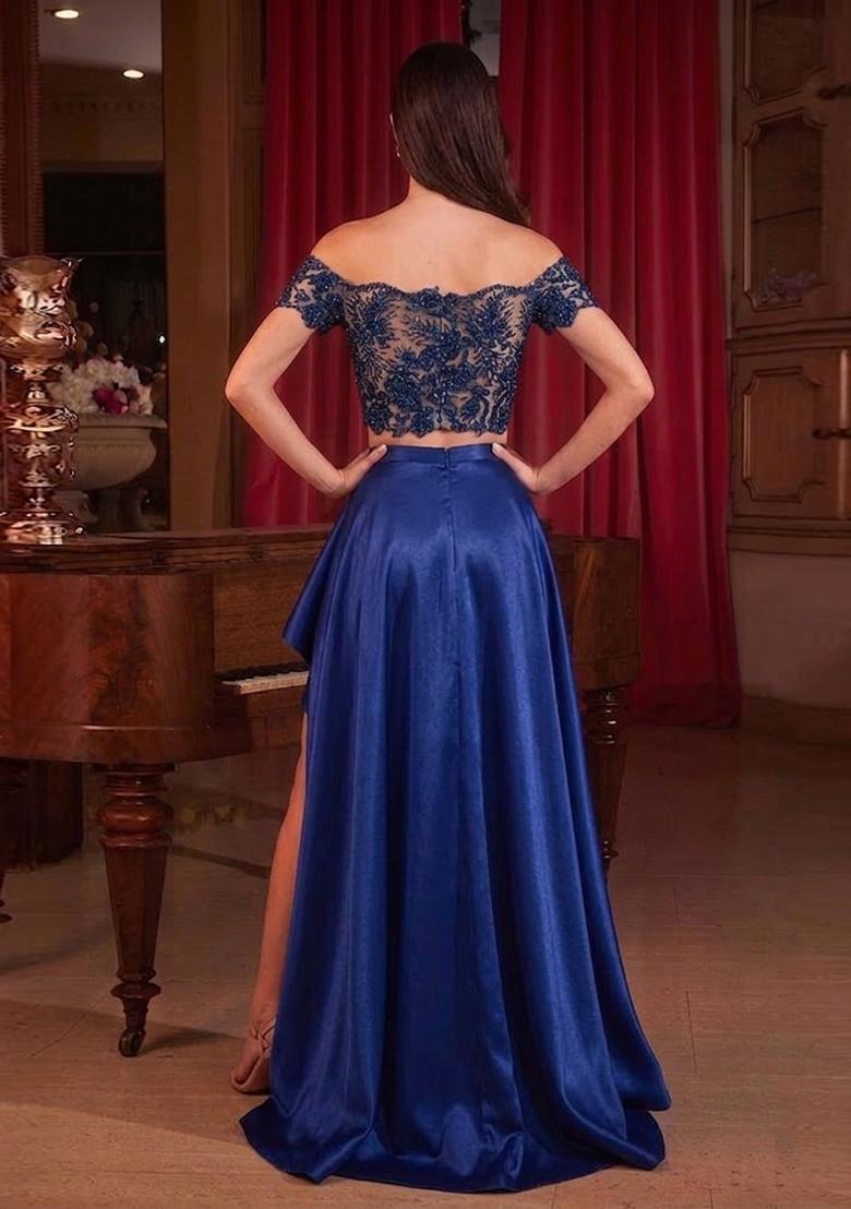 Royal Blue Embroidered Net Prom Dress - Indya
