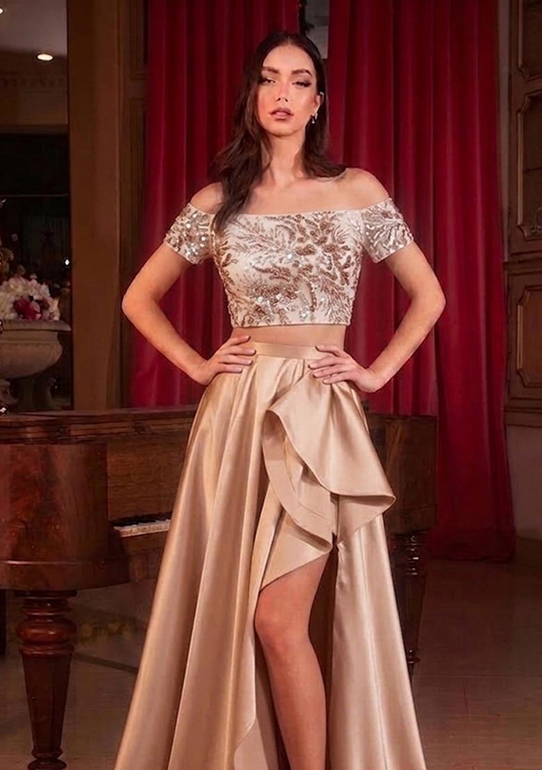 Peach Embroidered Net Prom Dress - Indya