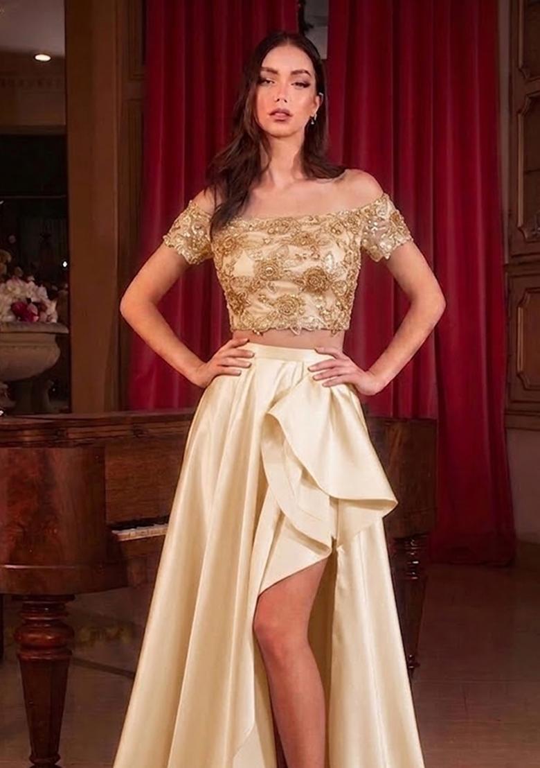 Soft Beige Embroidered Net Prom Dress - Indya