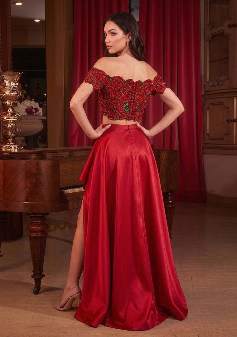 Red Sequin Net Prom Dress - Indya