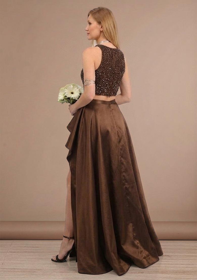 Chocolate Brown Sequin Net Prom Dress - Indya
