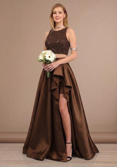 Chocolate Brown Sequin Net Prom Dress