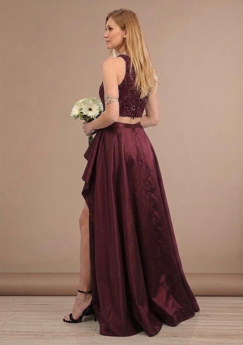 Deep Wine Sequin Net Prom Dress - Indya