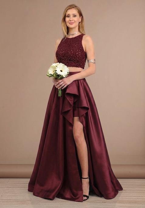 Deep Wine Sequin Net Prom Dress