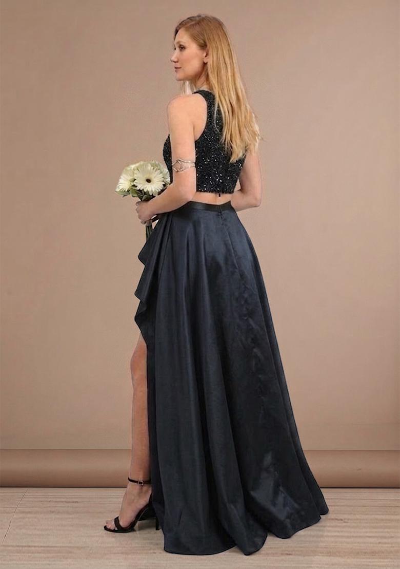 Black Sequin Net Prom Dress - Indya