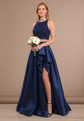 Navy Blue Sequin Net Prom Dress