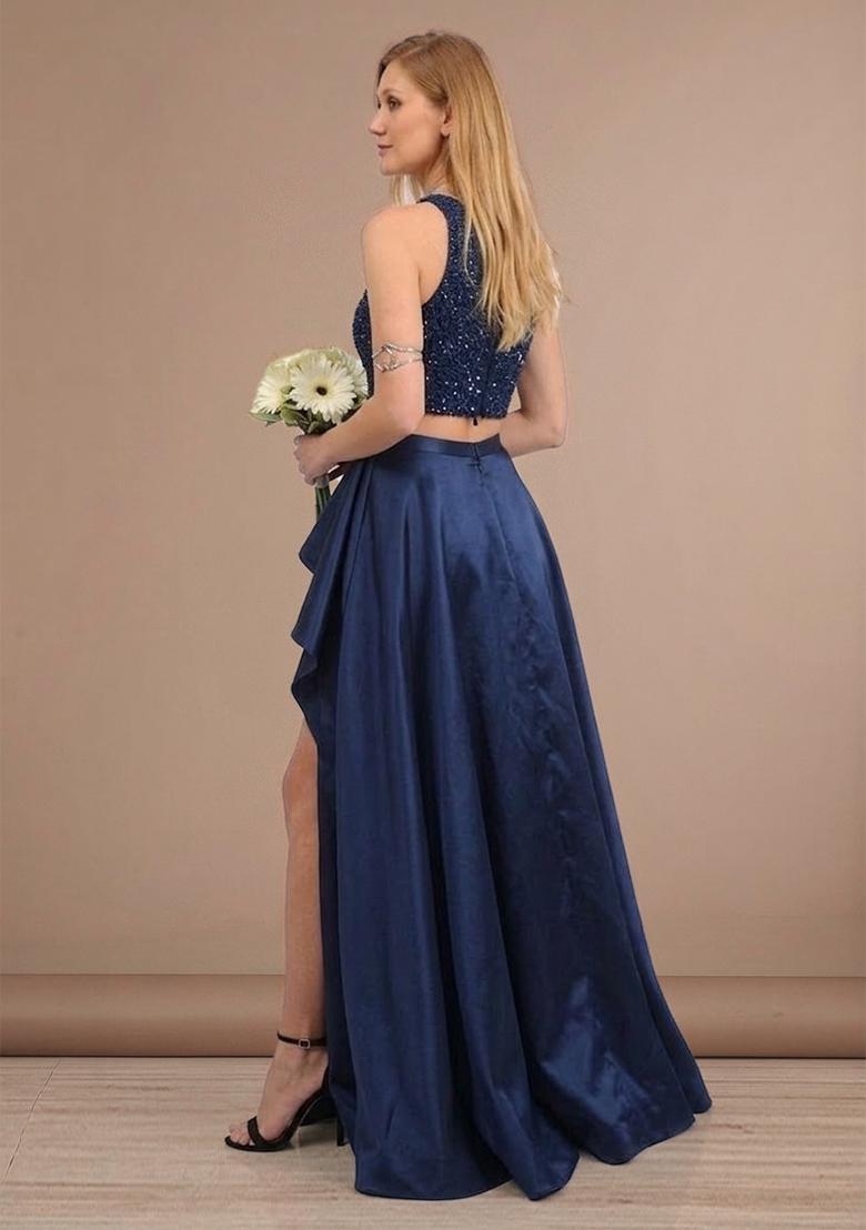Navy Blue Sequin Net Prom Dress - Indya