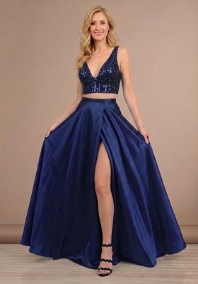 Navy Blue Sequin Net Prom Dress