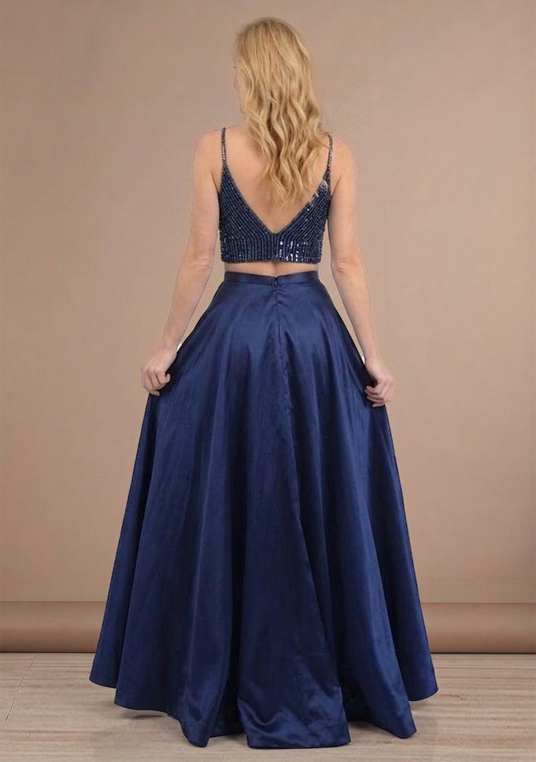 Navy Blue Sequin Net Prom Dress - Indya