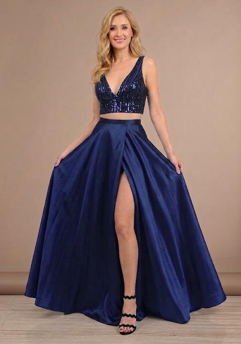 Navy Blue Sequin Net Prom Dress